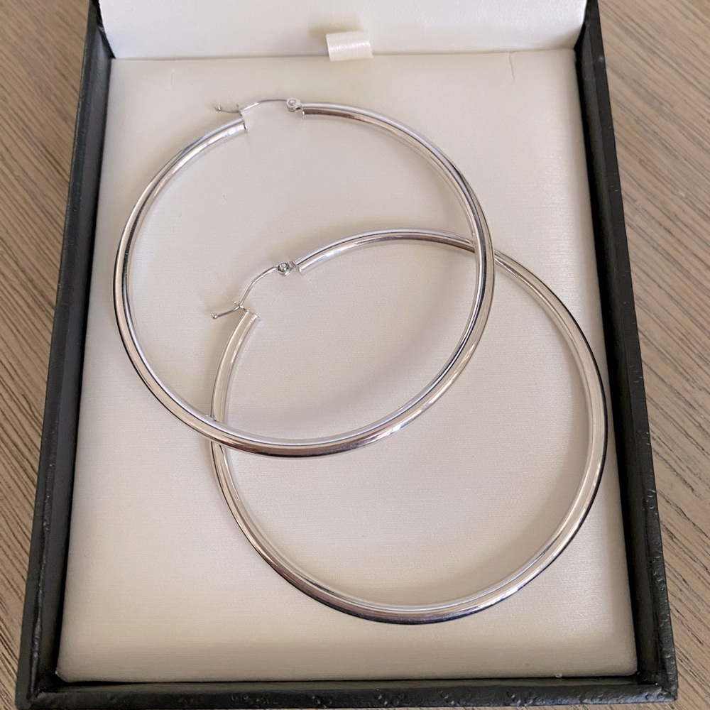 14K White Gold Large Hoop Earrings 2.25" 60mm Tube Hoops 4.33g NEW
